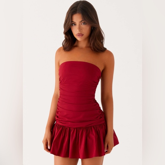 Peppermayo Dresses & Skirts - Peppermayo Strapless Ruched Mini Dress in Deep Red